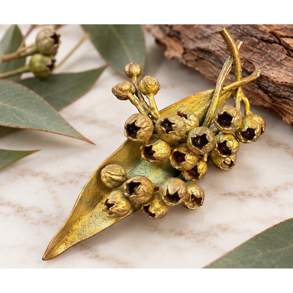 Vintage Eucalyptus Gum Nut Leaf Brooch Pin 3" Heavy Cast Metal Botanical